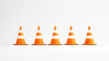 A symmetrical lineup of bright orange high visibility traffic cones arranged in a precise uniform pattern signaling safety caution and construction work ahead on the road or highway
