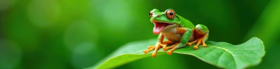 Fototapeta premium Frog perched on a leaf with legs crossed and tongue out playfully , greenfrogleafplayful, leaf, funny