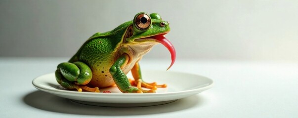 Frog's tongue flicks out of white board-like plate, frog, nature