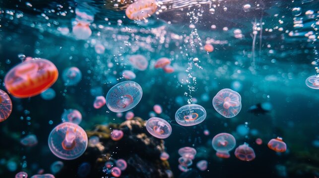 A captivating underwater shot of jellyfish floating through the clear blue ocean waters, with light and bubbles creating a magical atmosphere..