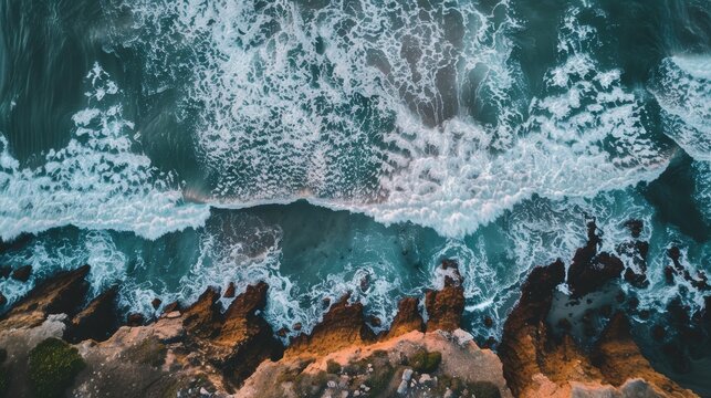 An aerial view of powerful ocean waves crashing onto a rugged rocky shoreline, with clear blue waters and frothy surf..