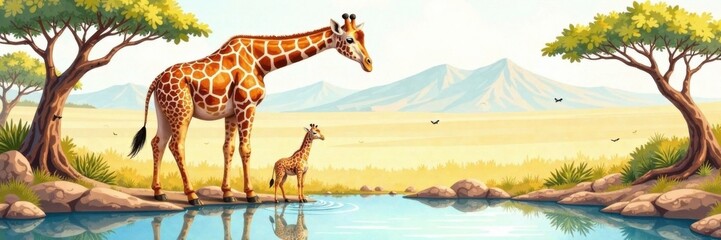 Obraz premium Safari animal watercolor illustration of a giraffe drinking from a watering hole, baby room decor, nature illustration, wildlife
