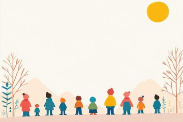 Fototapeta premium Colorful illustration of diverse people standing together under a bright sun, symbolizing unity, happiness, and community in a serene environment