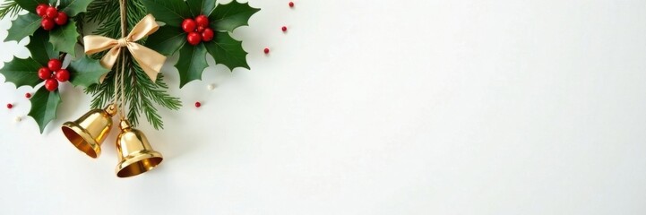 Hanging gold bells and mistletoe on a plain white background with scattered holly leaves , holly, greenery, Christmas decoration
