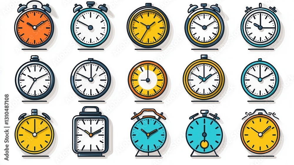 Poster comprehensive collection of 15 diverse clock and timer icons showcasing various styles and functions