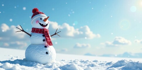 Fototapeta premium Joyful snowman standing alone in a snowy landscape with a clear blue sky and white fluffy clouds , mountain backdrop, winter wonderland, winter scenery
