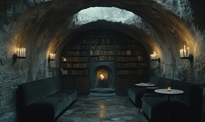 Fototapeta premium Cozy Underground Library with Candles and Books in a Stone-Ceiling Vault