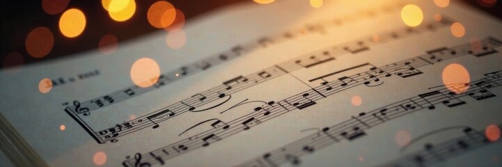 Sheet music with music notes in abstract light bokeh, texture, artistic, light
