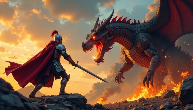 Knight with sword drawn fighting a giant dragon breathing fire and destruction, armor, dragons, fantasy