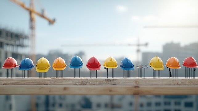 A professionally composed image showcasing a diverse array of colored construction safety helmets lined up against the backdrop of a modern city skyline symbolizing the safety progress