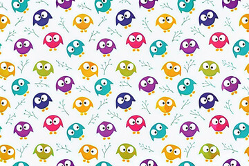 Fototapeta premium Colorful owl seamless pattern with twigs on white background.