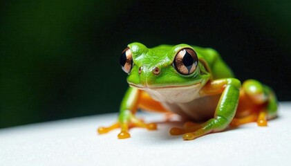 Naklejka premium Le grenouille dans un panneau blanc avec ses yeux noirs brillants, greenery, white panel, pond