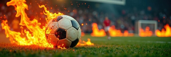 Fototapeta premium Soccer ball engulfed in flames on burning football field, fire, soccer ball, disaster