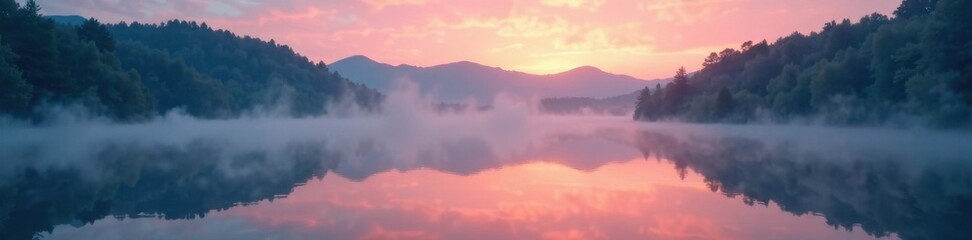 Fototapeta premium Soft focus on a serene lake at dusk with misty fog rolling in, serene lake, nature scenery