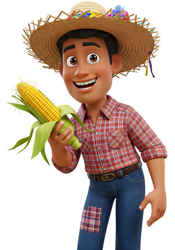 mascote 3d homem chap&eacute;u de palha e camisa xadrez segurando espiga de milho festa junina arrai&aacute;