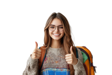 Young woman shows enthusiasm with thumbs up gesture in casual outfit and backpack