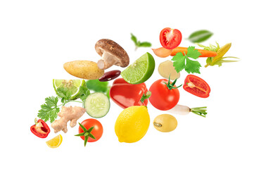 Falling different vegetable and spicy collection isolated on white background.
