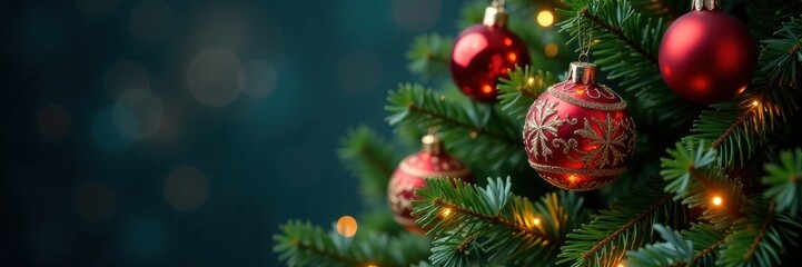 Sparkling baubles and lights adorn a towering evergreen tree, shine, festive atmosphere, holiday