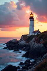 Lighthouse standing alone on rocky coastline at dawn, ocean, sea, rocky coastline