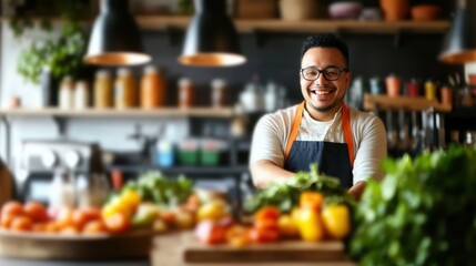 A smiling chef organizes colorful vegetables on a wooden table in a warm, inviting kitchen surrounded by jars and plants