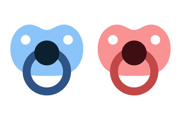 Baby pacifier icons. Simple pink and blue pacifier illustration.