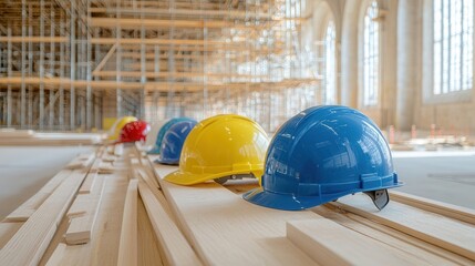 A row of colorful construction hard hats arranged in an orderly grid pattern creating a vibrant and structured display against a neutral background