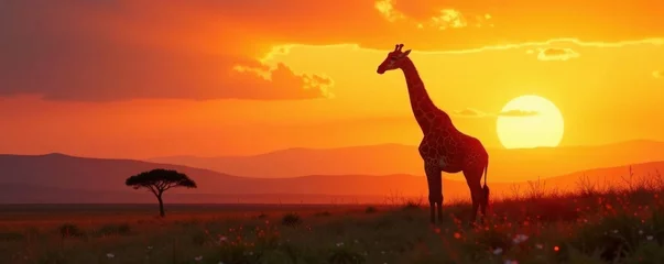 Fototapete Rund Towering giraffe silhouette in savannah grass, tall creatures, grasslands, landscapes © Prayad