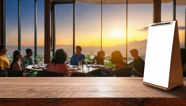 Wooden Table Restaurant Gathering A Cozy Family Meal, Surrounded by Delicious Menu Options and a Warm Atmosphere Under Soft Lighting.