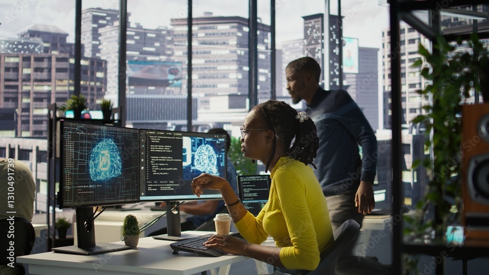 Poster software engineer conducts code review to fix bugs, identifying technical issues with artificial int