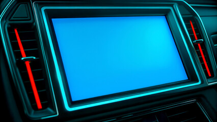 Obraz premium A sleek, modern car dashboard featuring a large blank screen with red accents, emphasizing a futuristic aesthetic.