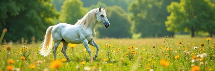 Obraz premium Majestic white unicorn stallion in a lush meadow, surrounded by wildflowers and trees , wildflowers, grasslands, nature