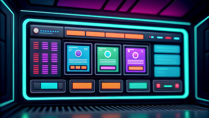 A futuristic digital interface with vibrant colors and various interactive panels, creating a high-tech atmosphere.