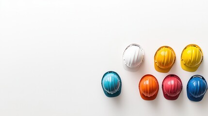 Fototapeta premium Scattered arrangement of various colored construction safety and industrial helmets or hardhats displayed on a plain white background The helmets are in different shades of yellow blue red