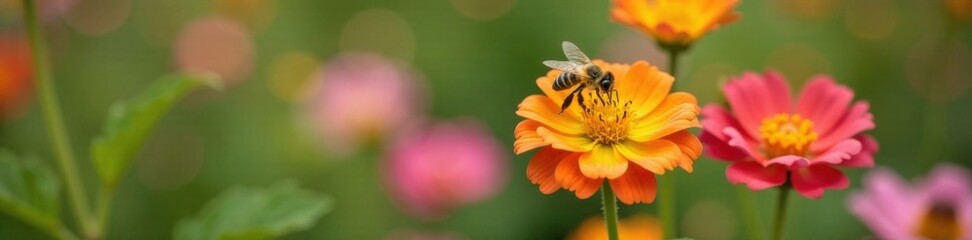 Single bee hovering around colorful flower in garden, insects, flowers, bees