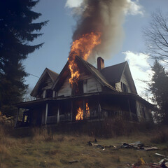 Burning House Illustration, Fiery Rural Scene