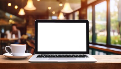 Coffee Break at a Cozy Coffee Shop with Modern Laptop, Set against a Minimalist Backdrop of an Urban Cityscape, Capturing the Quiet Momentum of Productivity and Inspiration.