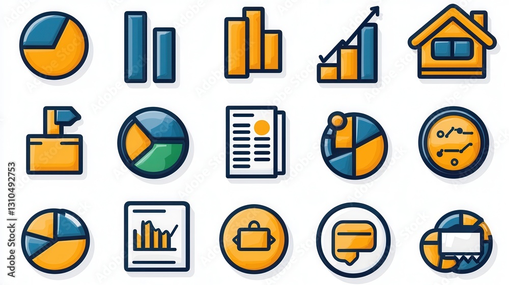 Poster a set of 15 line style icons showcasing various statistical data visualization elements including ch