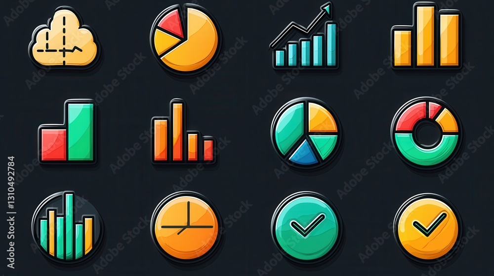 Poster a comprehensive set of 15 line style icons that visually represent various statistical data visualiz