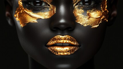 A close-up of a model with golden face paint and metallic lips against a dark background.