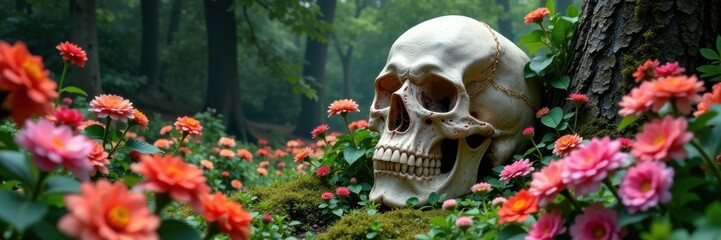 Naklejka premium Skull surrounded by a lush garden of flowers and foliage, skulls, surrealism, botanicals