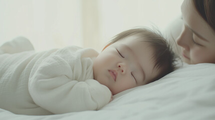 白いベッドの上で白い服を着て眠る新生児の赤ちゃん
