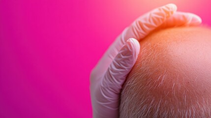 Naklejka premium A gloved hand gently rests on a bald head, creating a calm and serene moment against a bright pink backdrop, focusing on texture and color