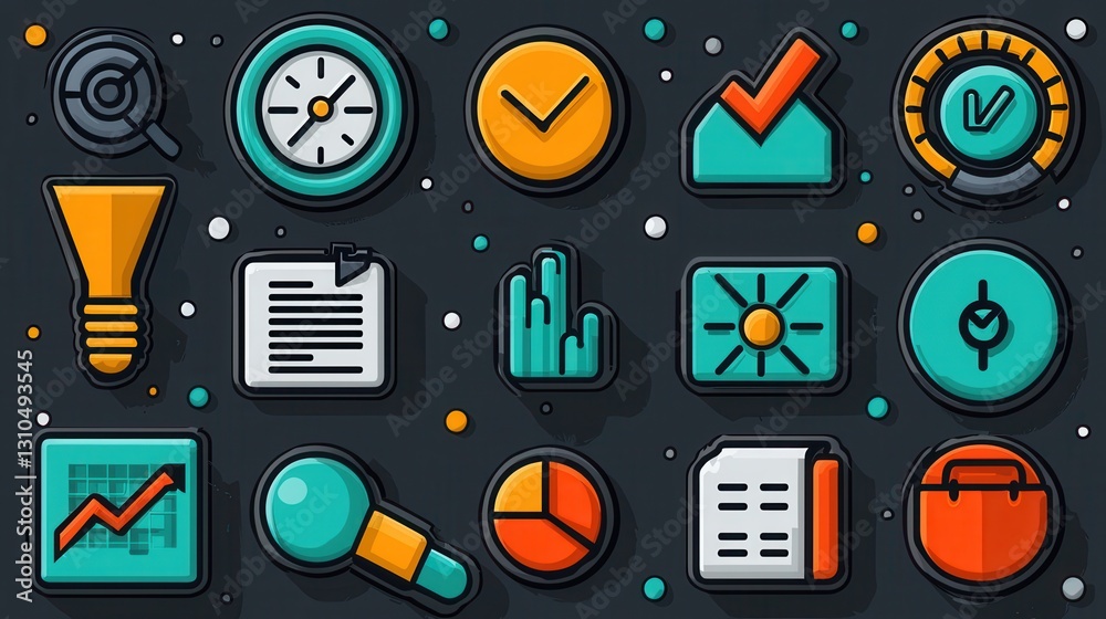 Poster a set of 15 outline icons focusing on various aspects of business strategy planning analytics and wo