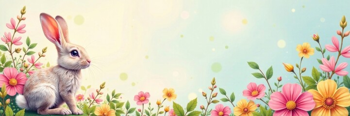 Whimsical rabbit on a floral patterned background , Floral, Easter Decor