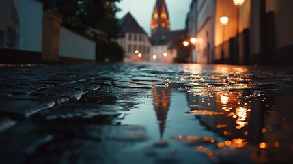 Rainy night street, cobblestones, church reflection