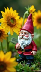 Small garden gnome sitting among sunflowers with golden centers and green stems, gardens, terraces, small