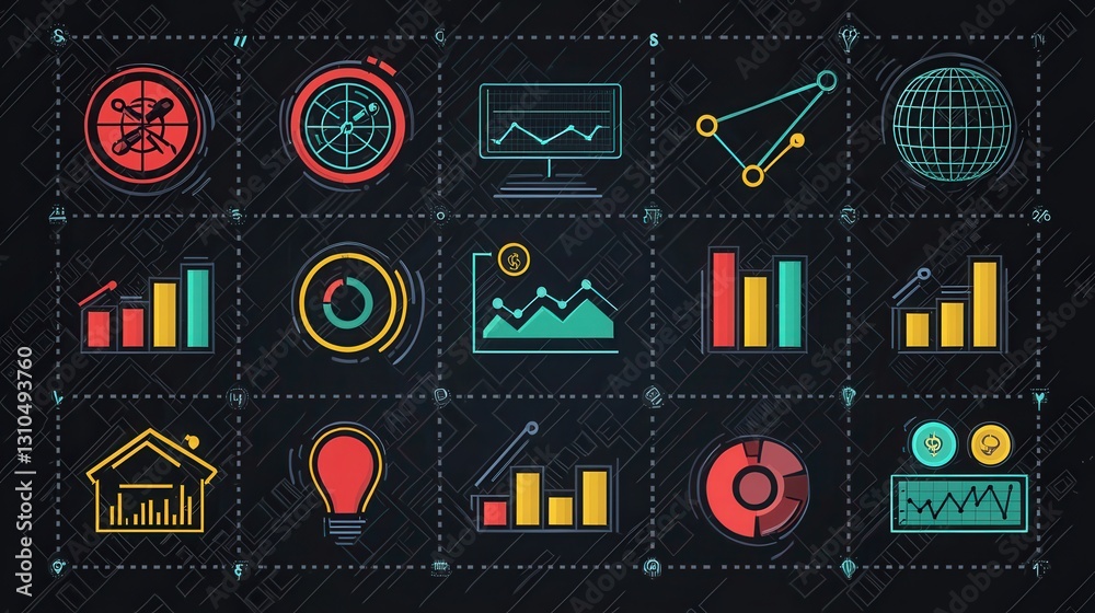Poster a set of 15 outline icons designed to represent various data visualization and analytics concepts in
