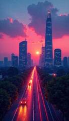 Fototapeta premium Minimalist cityscape at dusk, silhouette, shadows, architecture