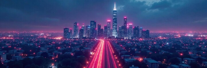 Fototapeta premium Minimalist cityscape with skyscrapers and neon lights, modern, skyscrapers, city lights