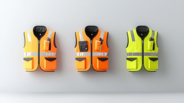 Three brightly colored high visibility safety vests or jackets displayed in a structured arrangement against a plain white background